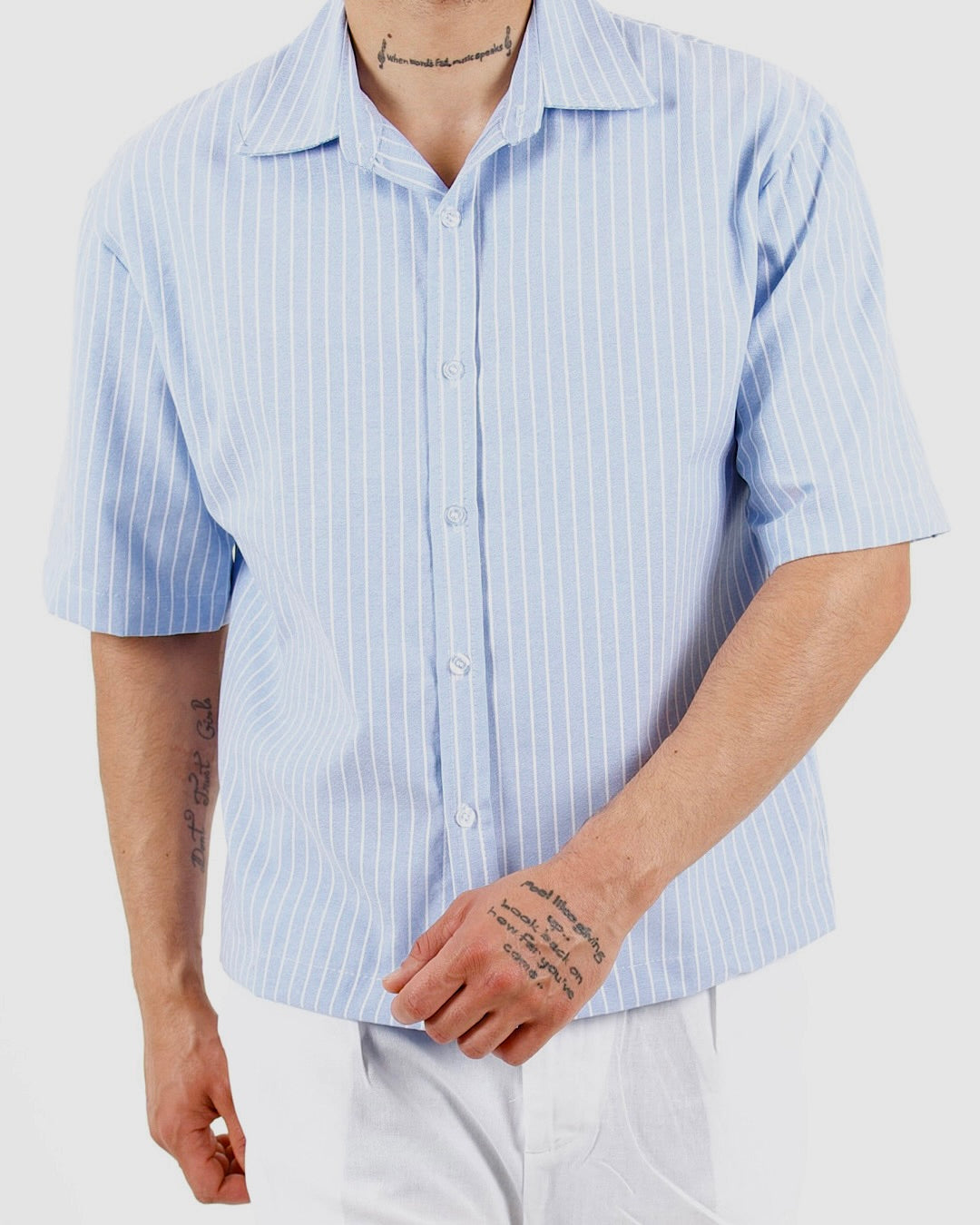 Oversized Crop Stripe Short Sleeve Light Blue Shirt