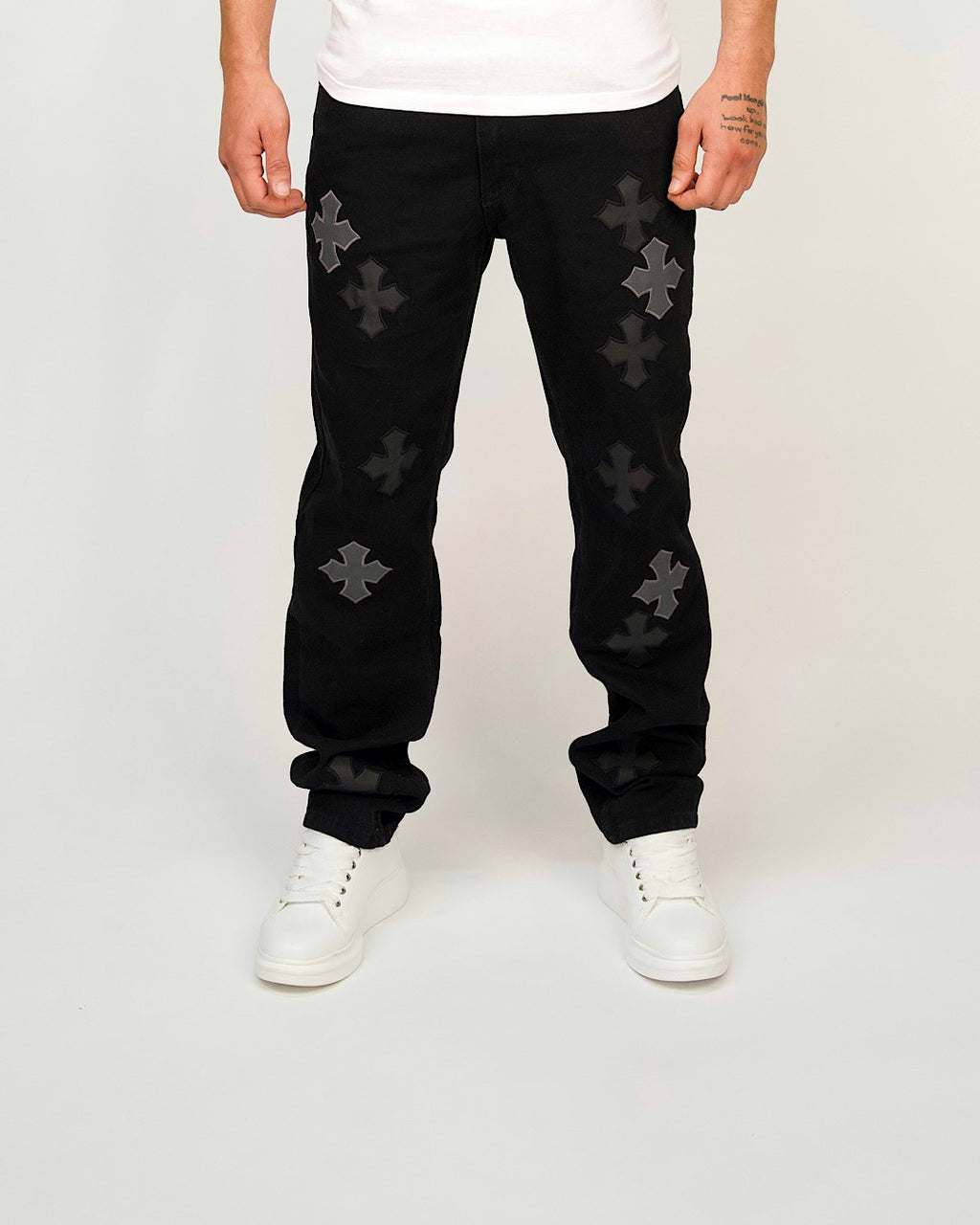 Cross-Appliqué Straight-Leg Jeans