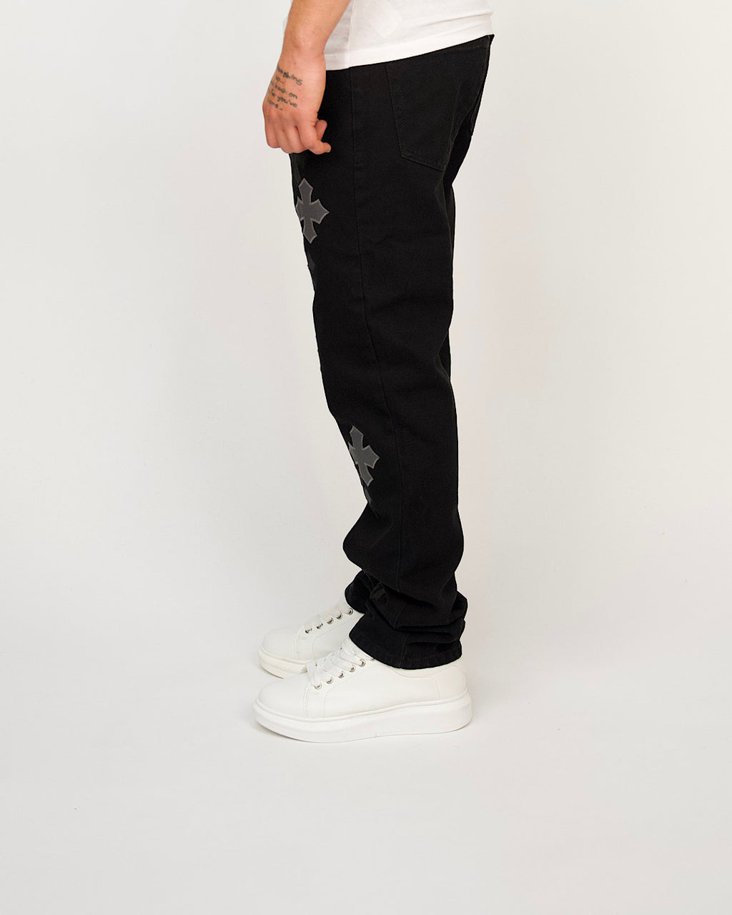 Cross-Appliqué Straight-Leg Jeans