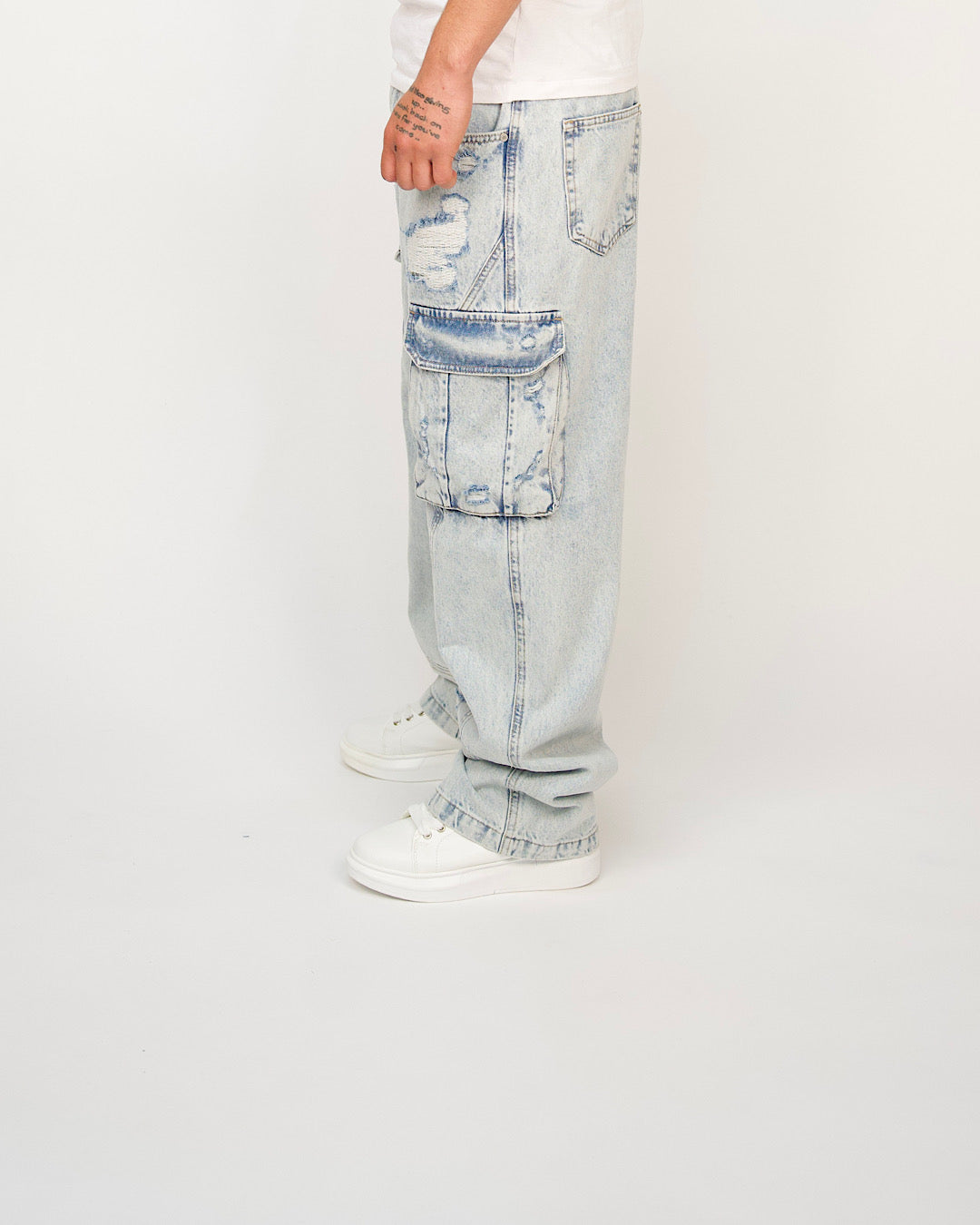 Men's Distressed Utility Cargo Jeans | Light Blue | Milano Couture
