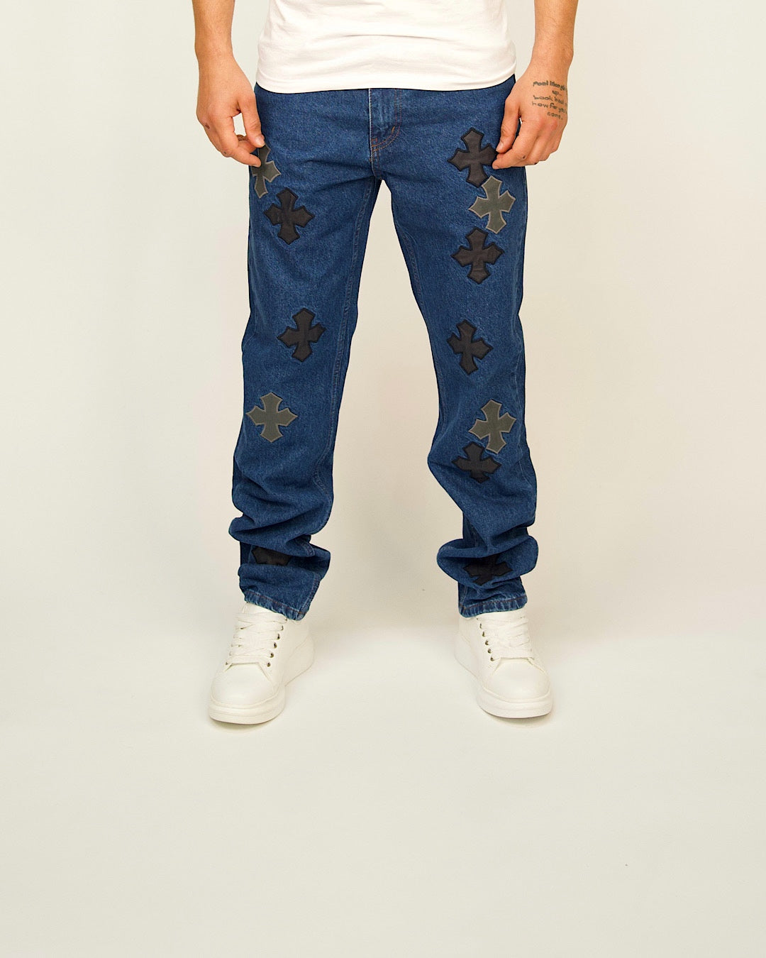 Cross-Appliqué Straight-Leg Jeans