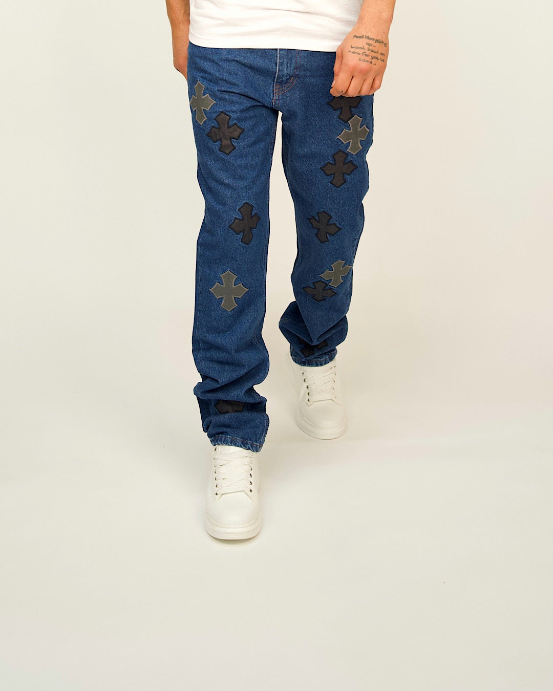 Cross-Appliqué Straight-Leg Jeans