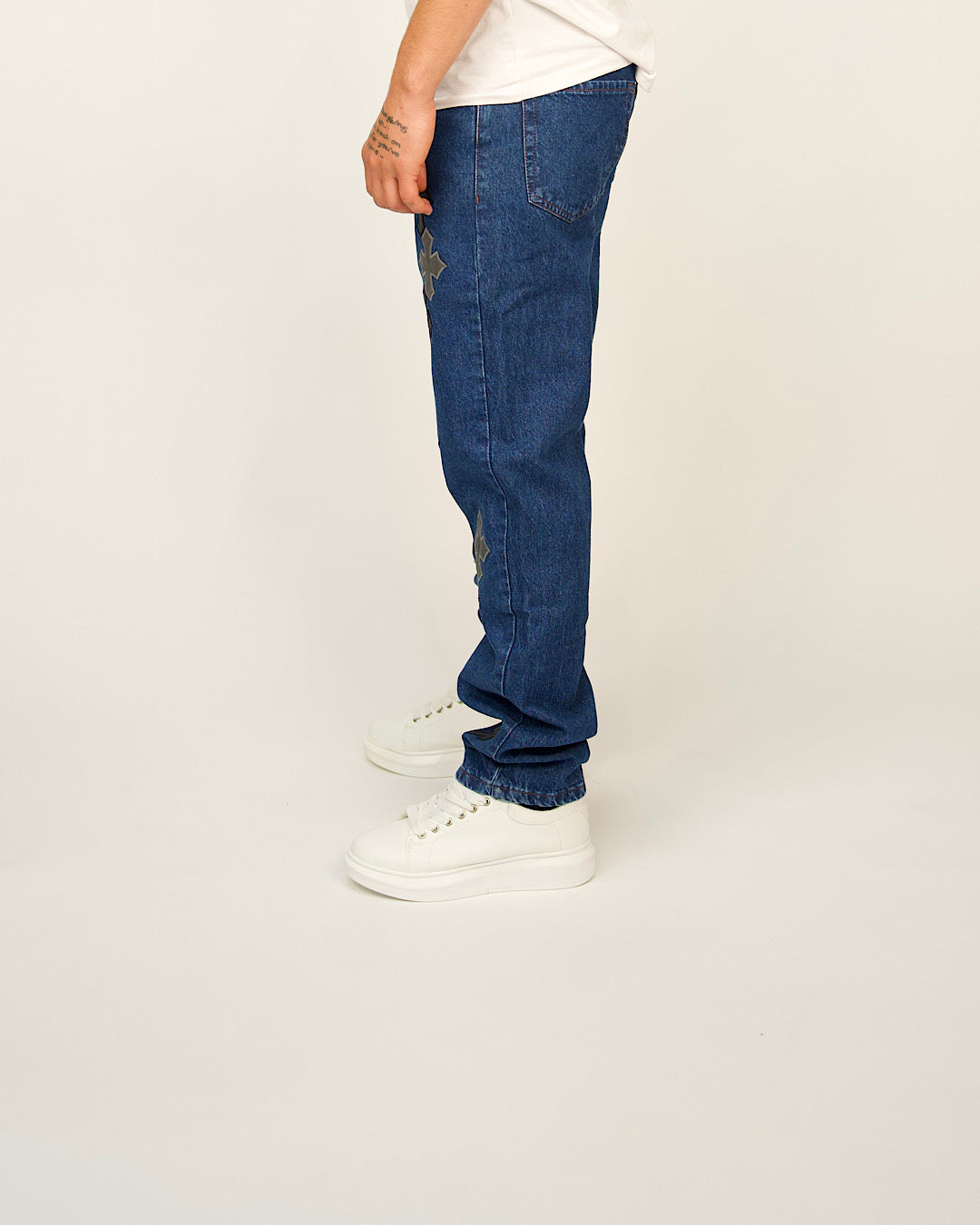 Cross-Appliqué Straight-Leg Jeans