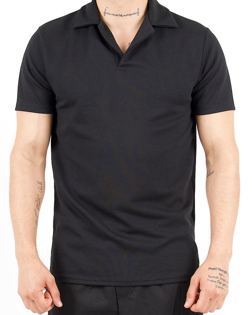 Slim Fit Ribbed Revere Black Polo