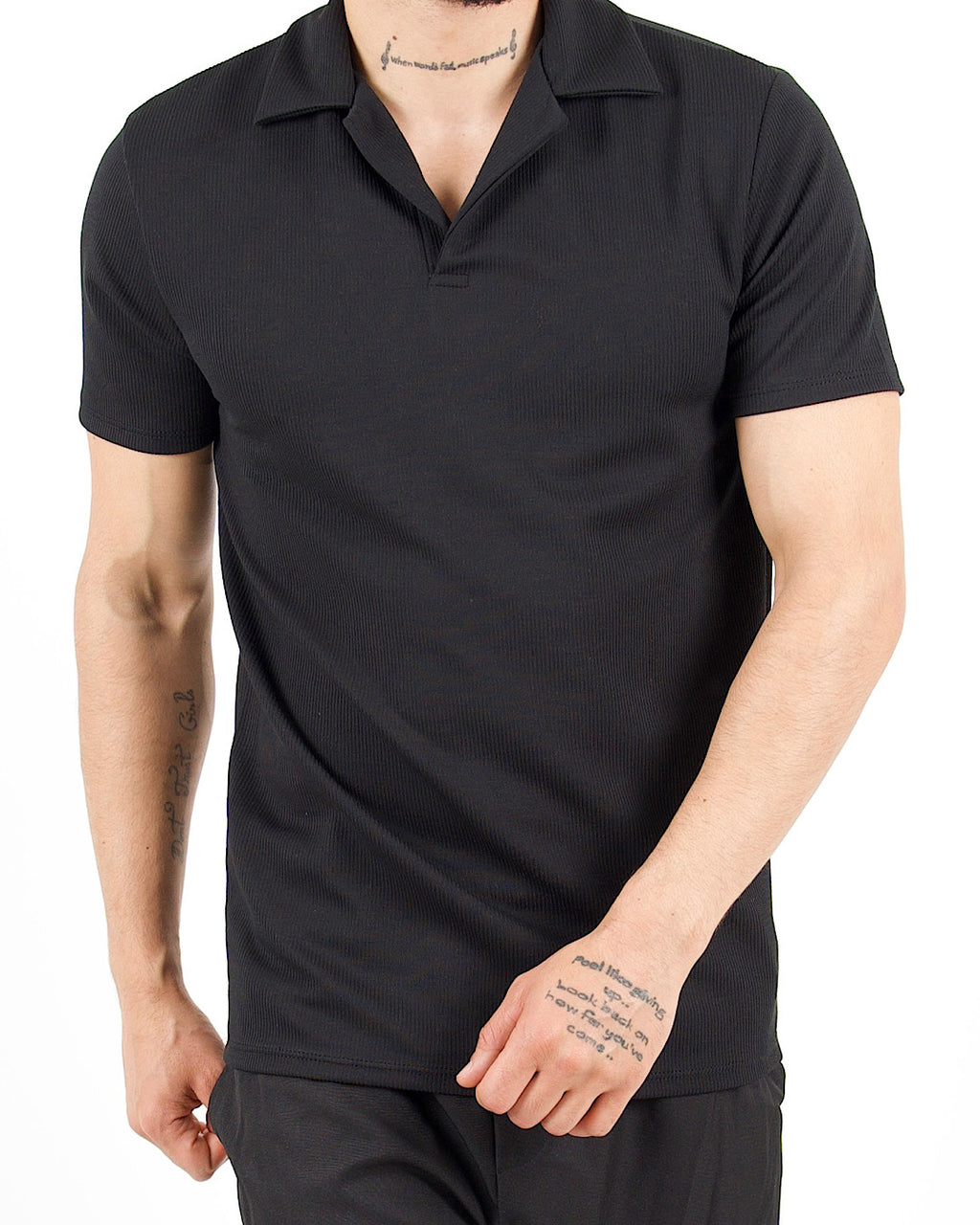 Slim Fit Ribbed Revere Black Polo