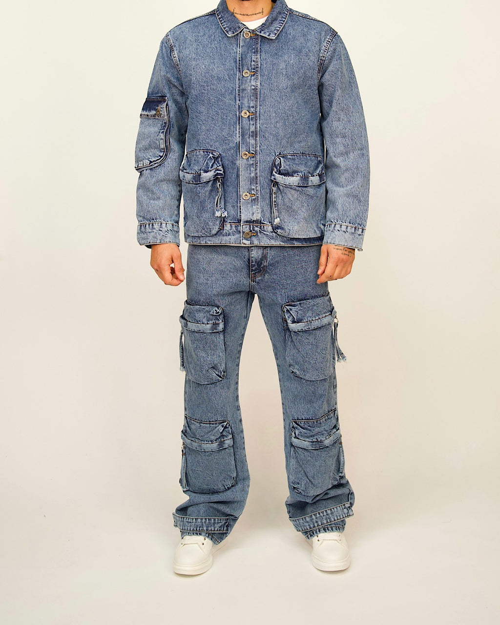Multi-Pocket Cargo Denim Set