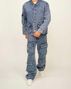 Men’s loose-fit blue denim cargo set with a utility jacket and multi-pocket cargo jeans.