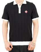 Contrast Collar Knitted Polo Black Shirt With Pearl Buttons