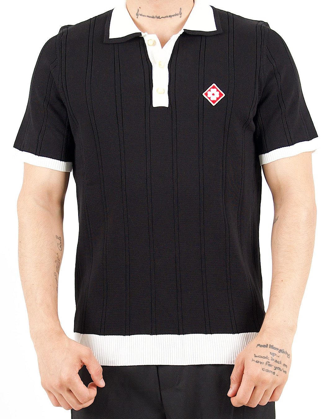 Contrast Collar Knitted Polo Black Shirt With Pearl Buttons