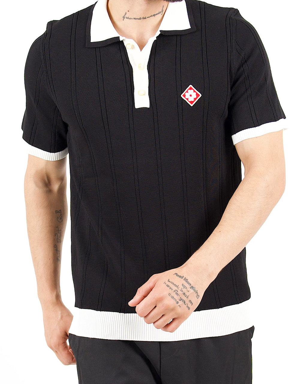 Contrast Collar Knitted Polo Black Shirt With Pearl Buttons