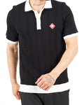 Contrast Collar Knitted Polo Black Shirt With Pearl Buttons