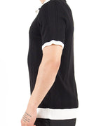 Contrast Collar Knitted Polo Black Shirt With Pearl Buttons