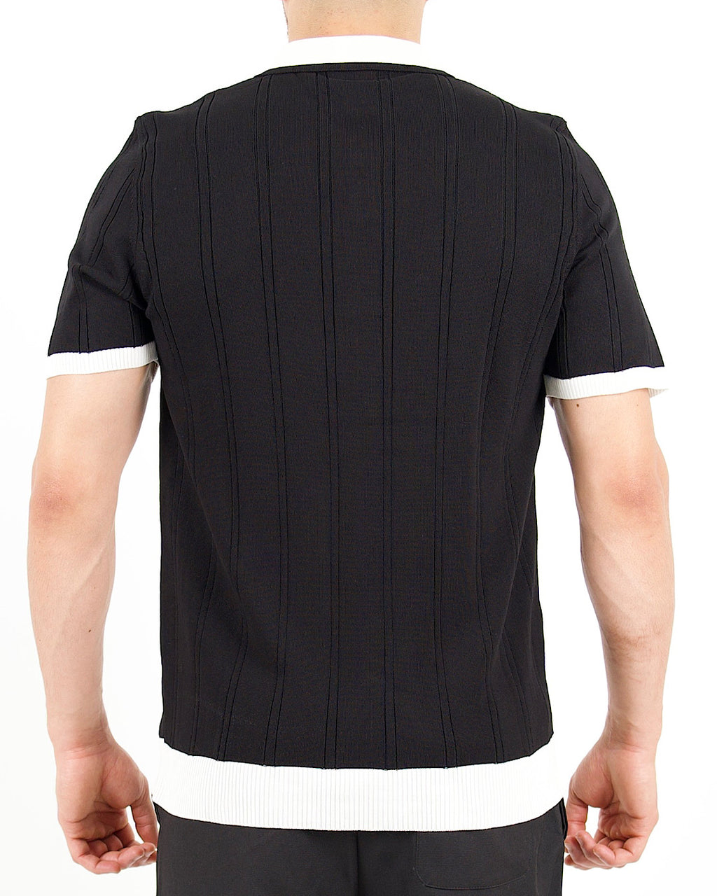 Contrast Collar Knitted Polo Black Shirt With Pearl Buttons