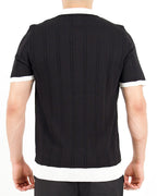 Contrast Collar Knitted Polo Black Shirt With Pearl Buttons
