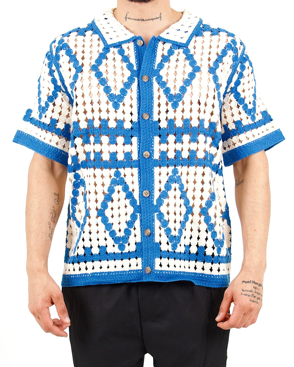 Blue & White Crochet Knit Resort Shirt