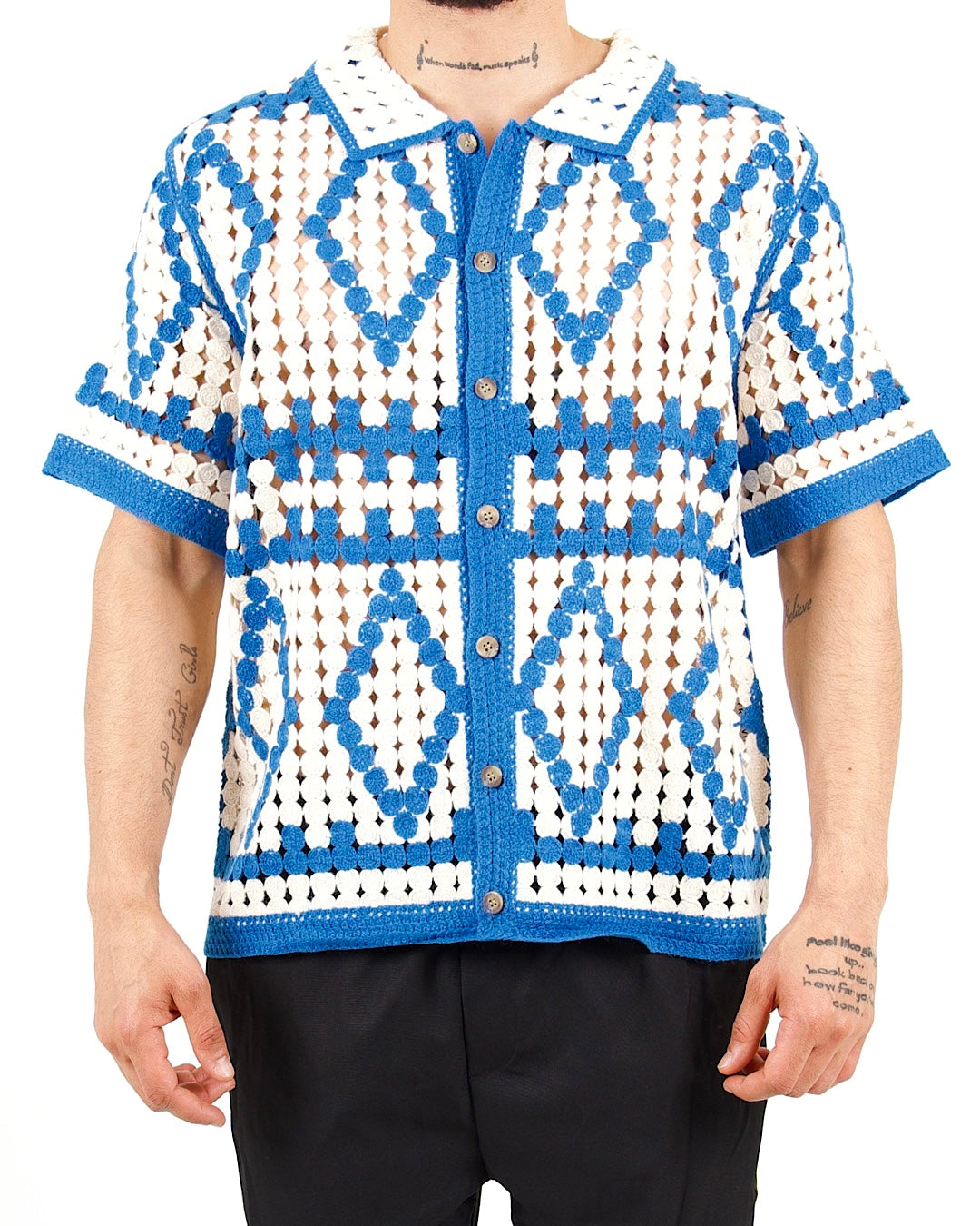 Blue & White Crochet Knit Resort Shirt