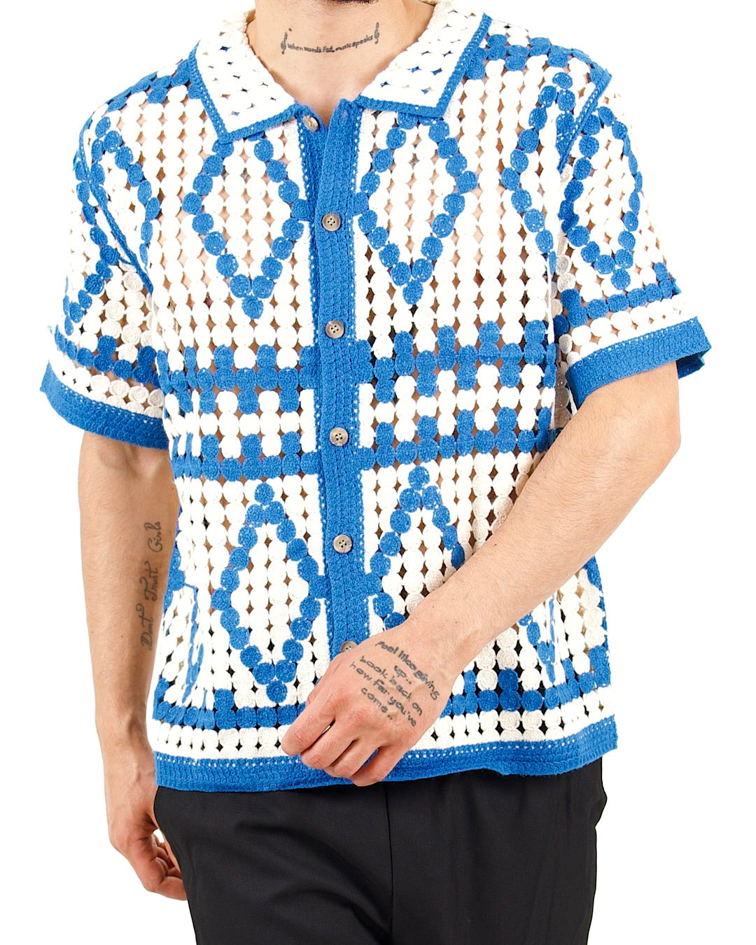 Blue & White Crochet Knit Resort Shirt