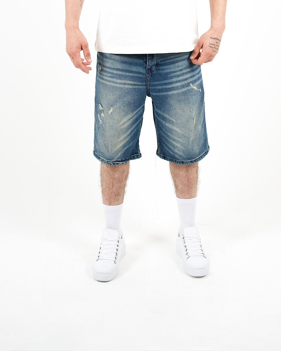 Distressed Denim Mid Blue Jorts