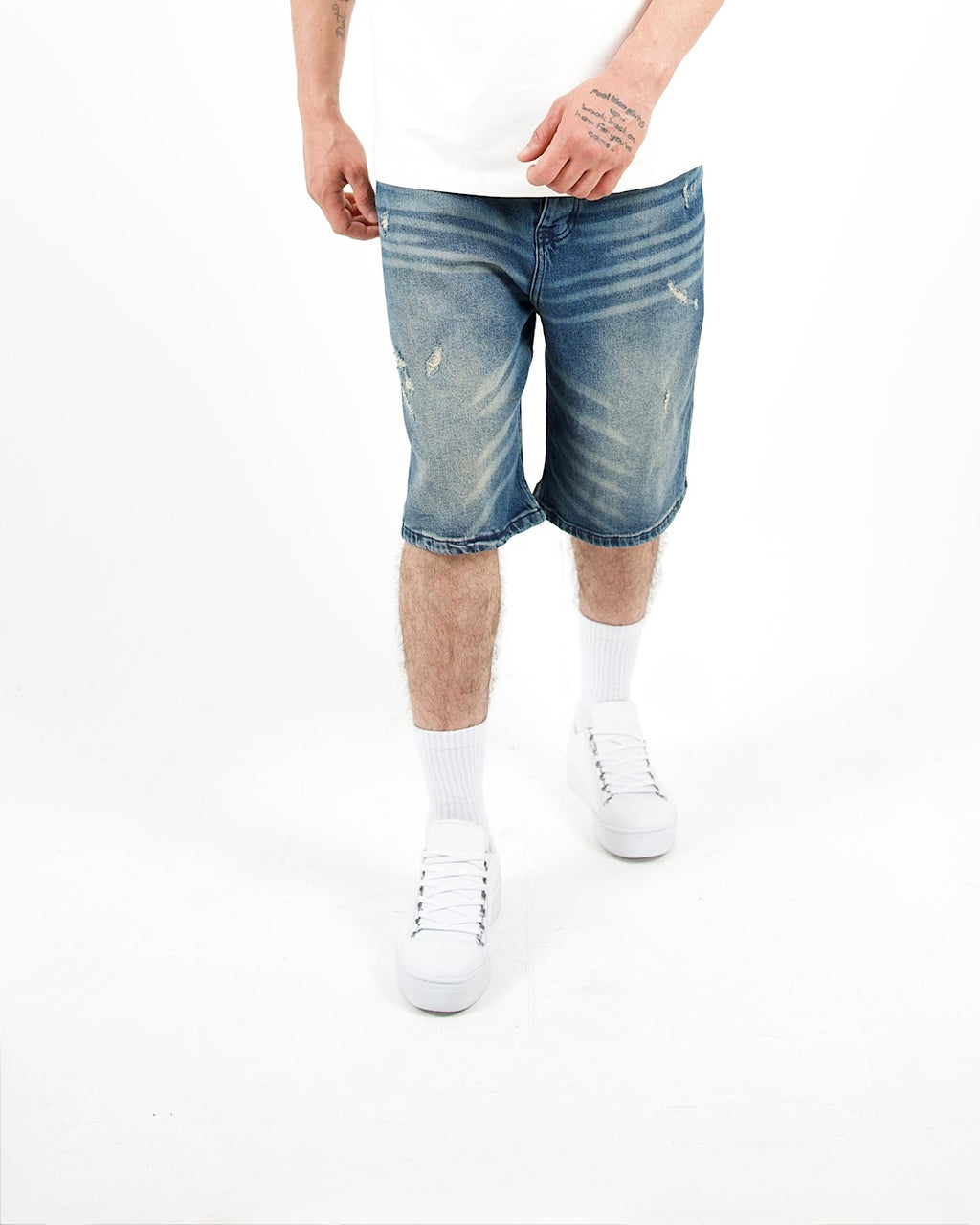 Distressed Denim Mid Blue Jorts