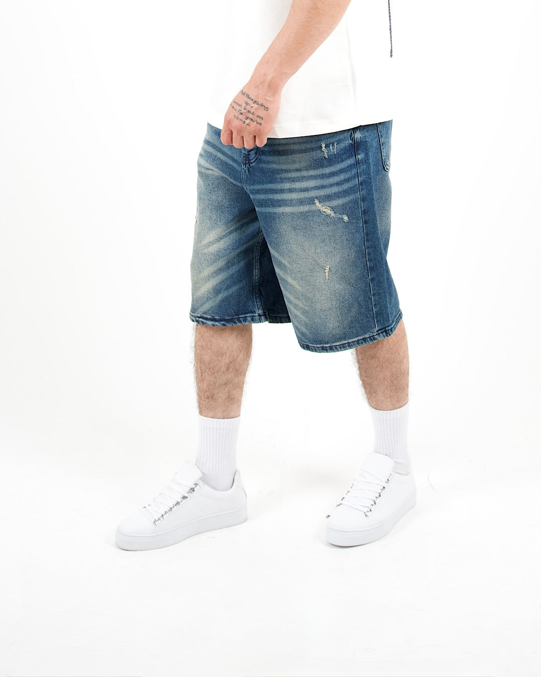 Distressed Denim Mid Blue Jorts