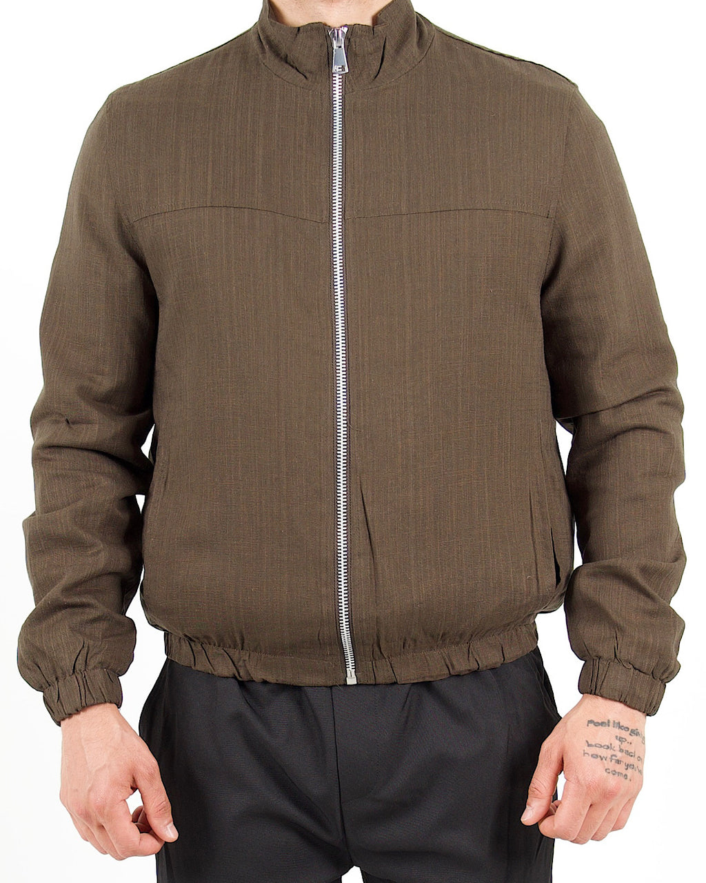Linen Blend Khaki Bomber Jacket