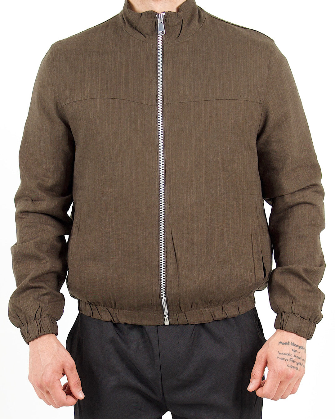 Linen Blend Khaki Bomber Jacket