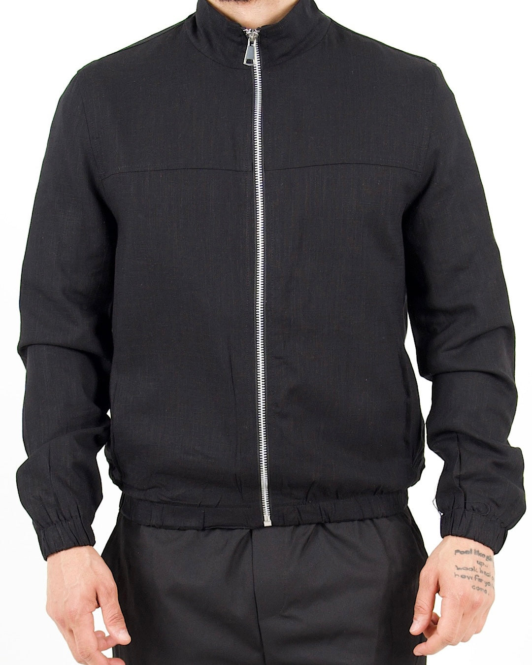 Linen Blend Black Bomber Jacket