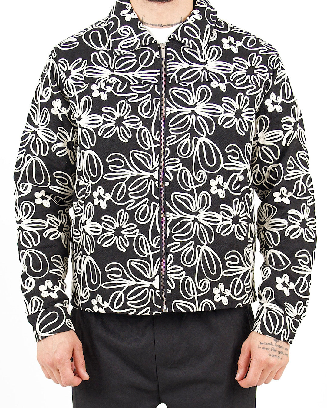 Floral Zip Through Black Jacket