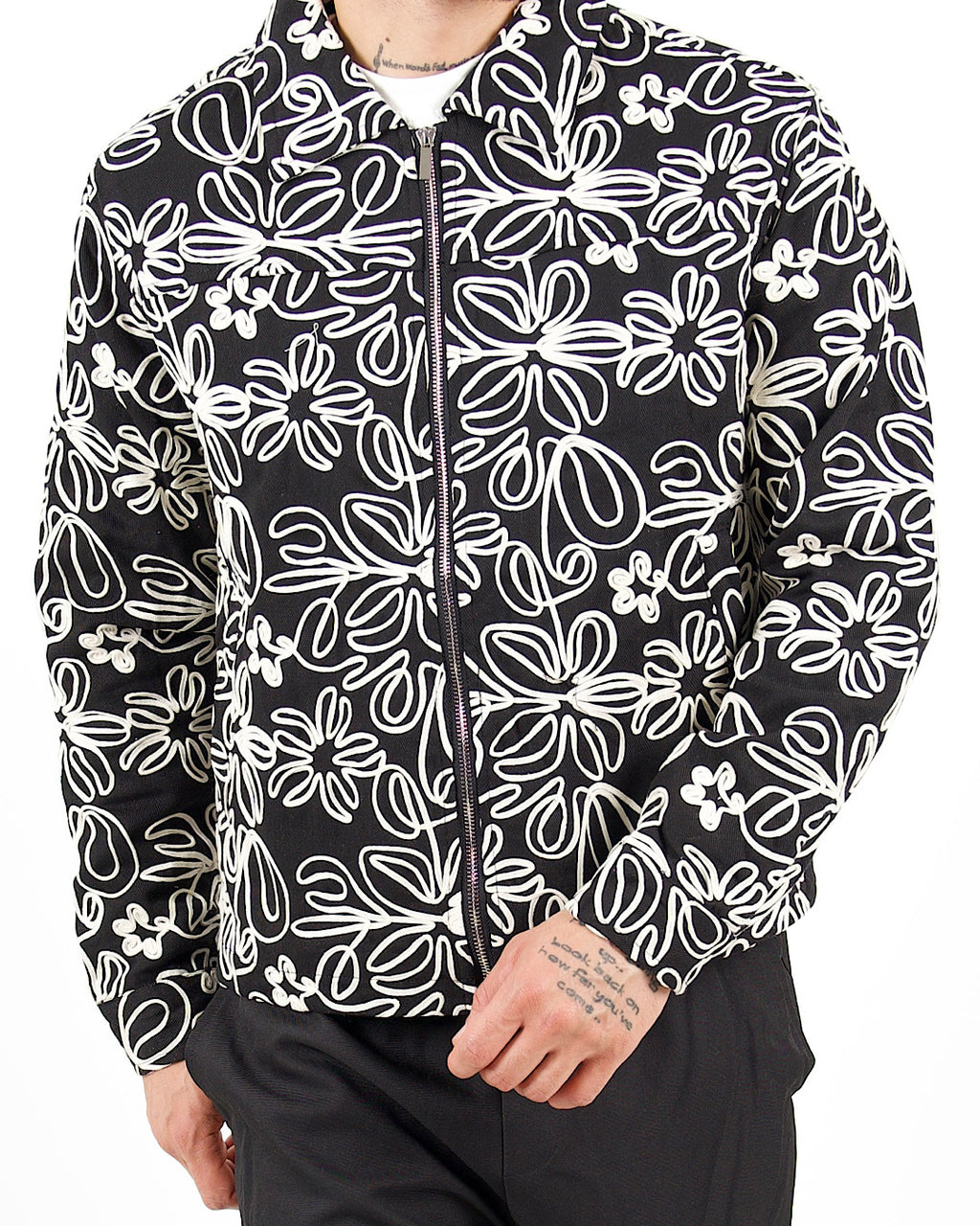 Floral Zip Through Black Jacket