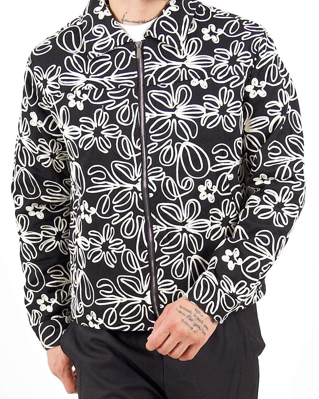 Floral Zip Through Black Jacket