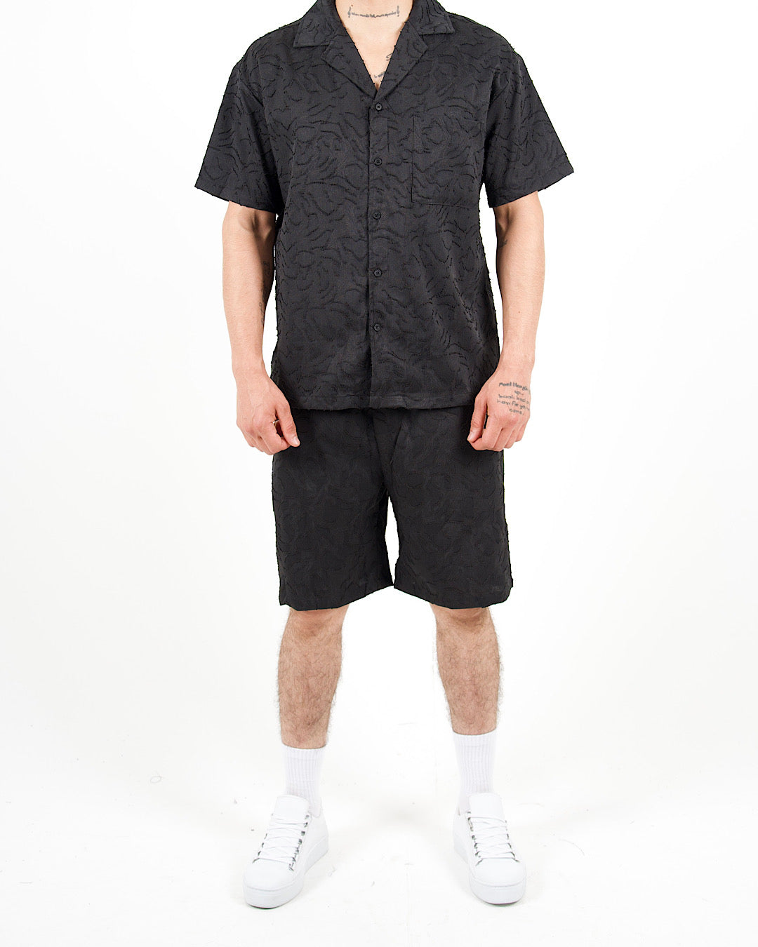 Relaxed Fit Textured Black Shirt And Short Set