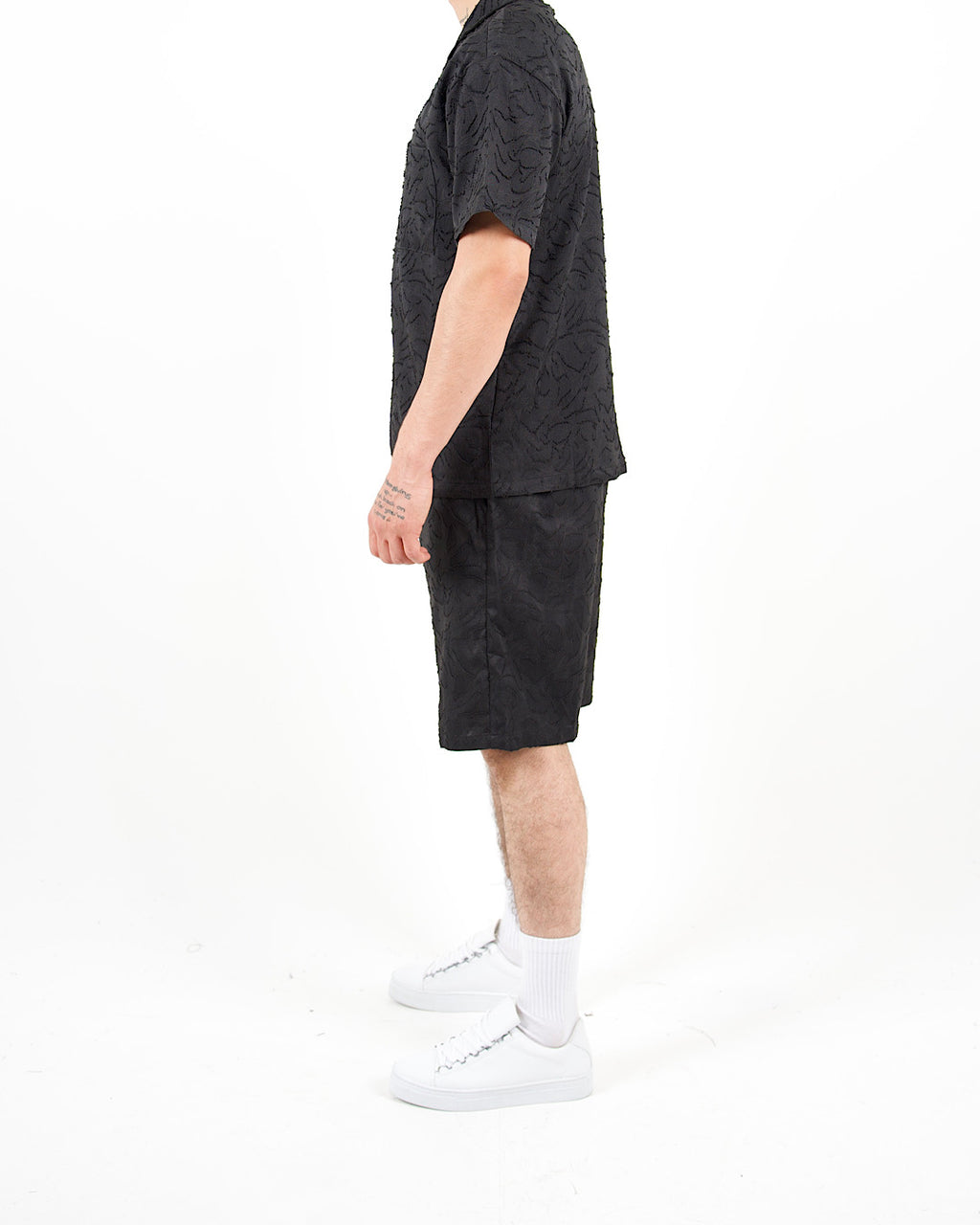Relaxed Fit Textured Black Shirt And Short Set