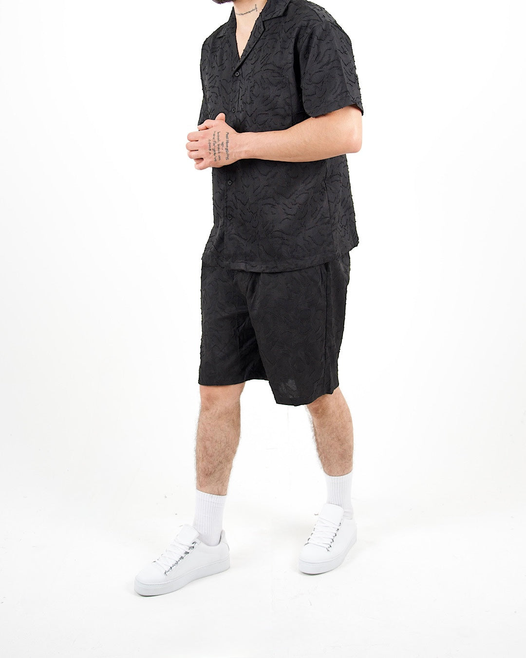 Relaxed Fit Textured Black Shirt And Short Set