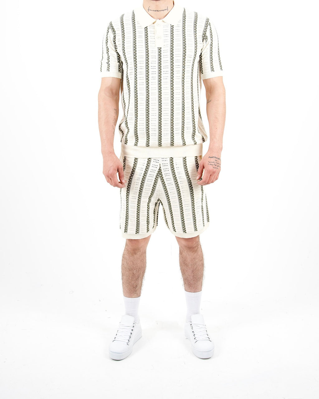 Crochet Knitted Khaki Stripe Polo & Shorts Set