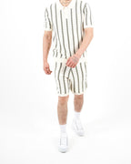 Crochet Knitted Khaki Stripe Polo & Shorts Set