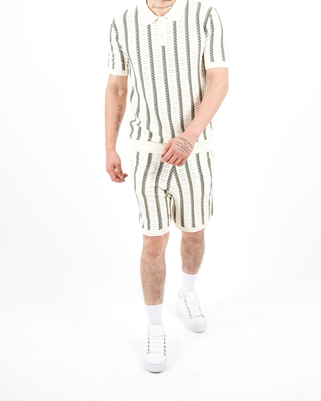Crochet Knitted Khaki Stripe Polo & Shorts Set