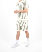 Crochet Knitted Khaki Stripe Polo & Shorts Set