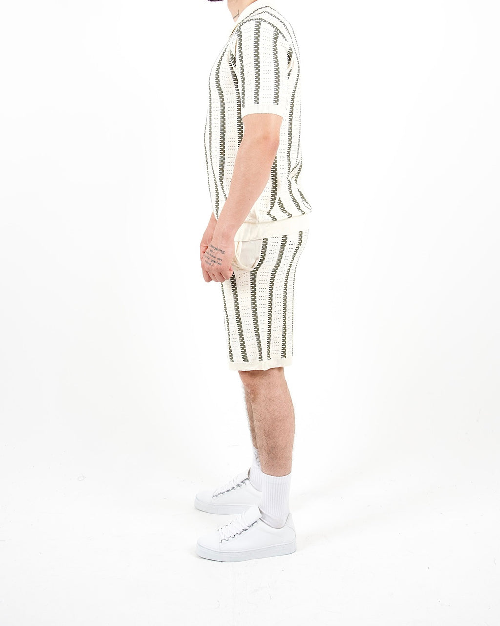 Crochet Knitted Khaki Stripe Polo & Shorts Set