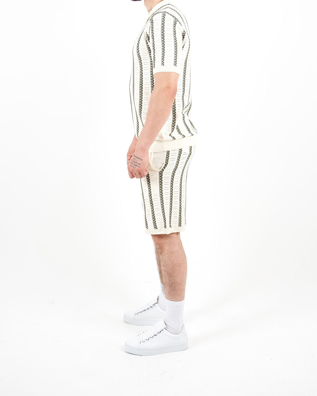Crochet Knitted Khaki Stripe Polo & Shorts Set