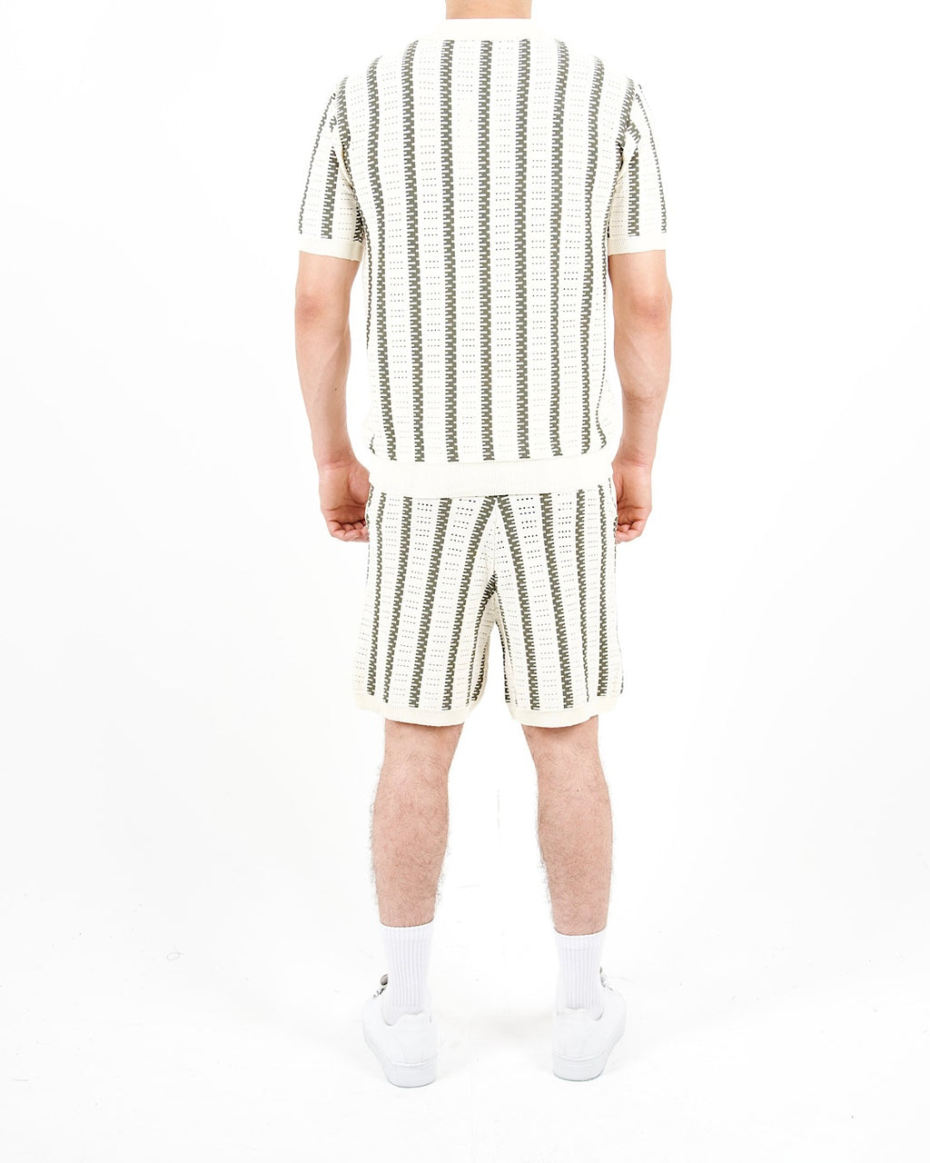 Crochet Knitted Khaki Stripe Polo & Shorts Set