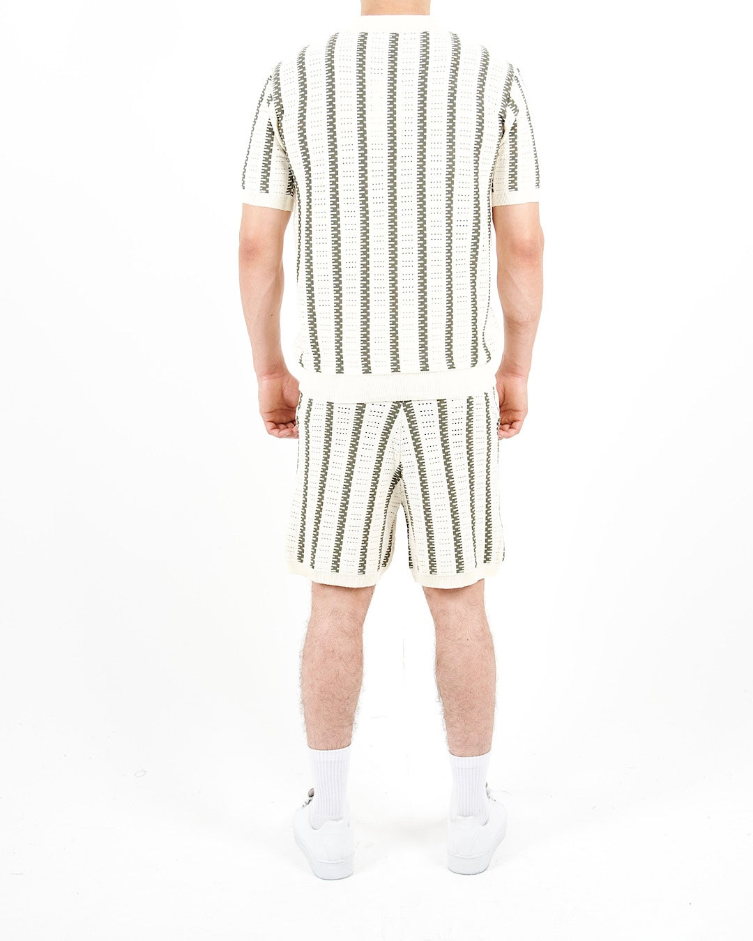 Crochet Knitted Khaki Stripe Polo & Shorts Set