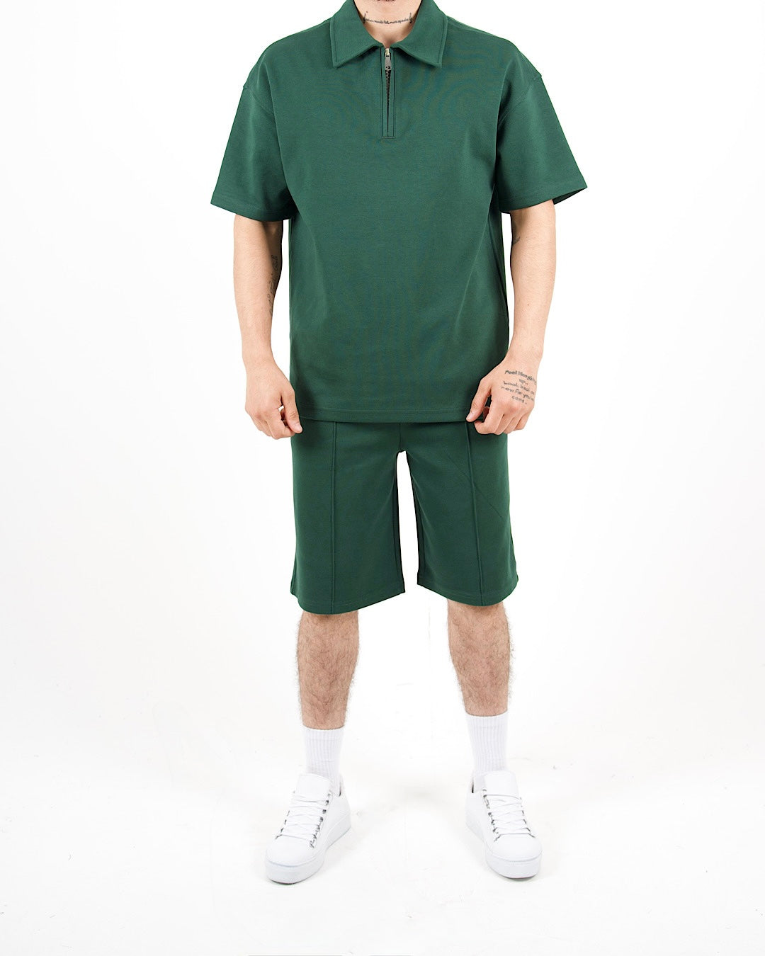 Oversized Zip Neck Green Polo And Shorts Set