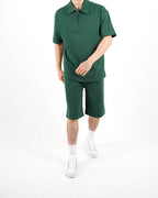 Oversized Zip Neck Green Polo And Shorts Set