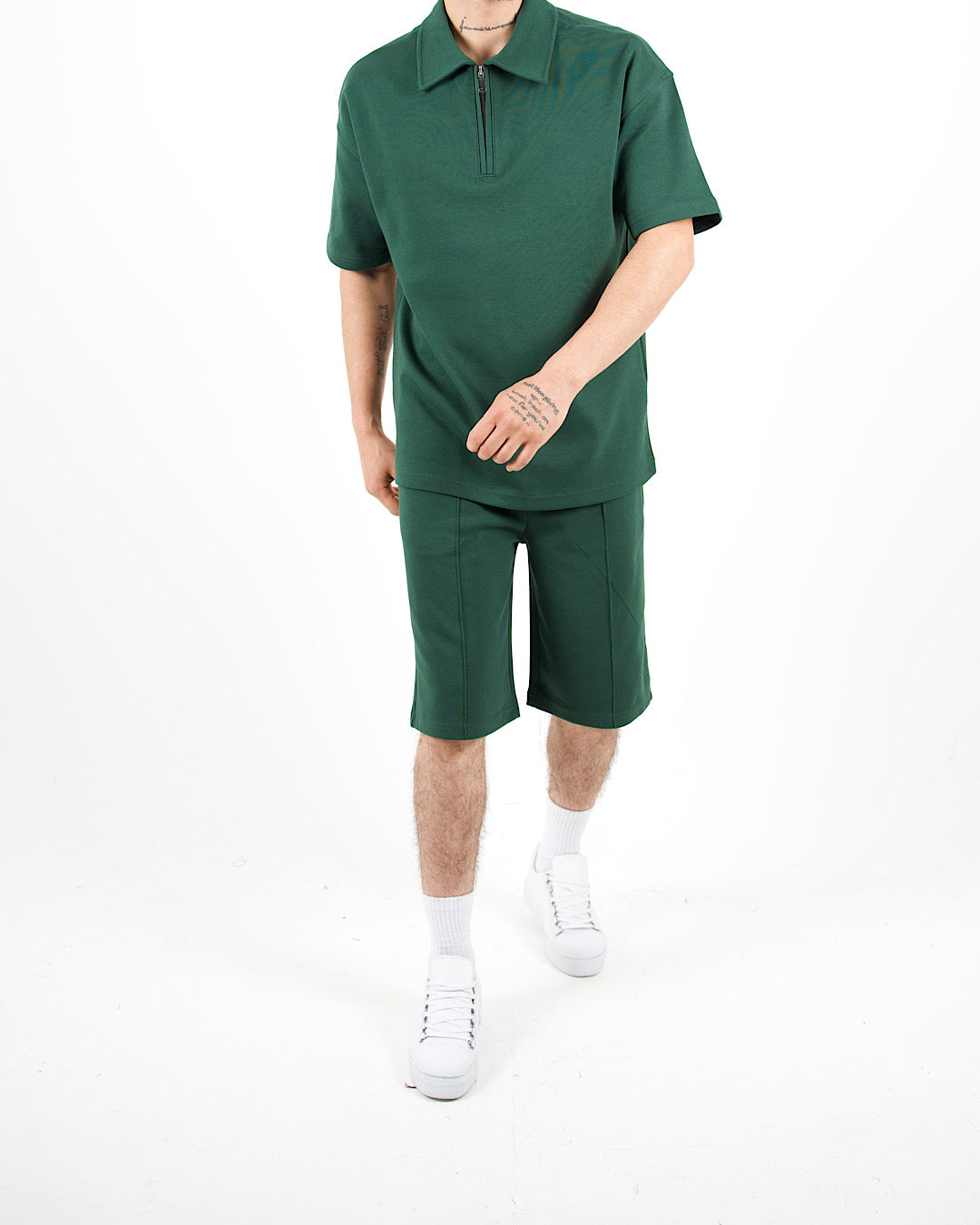 Oversized Zip Neck Green Polo And Shorts Set