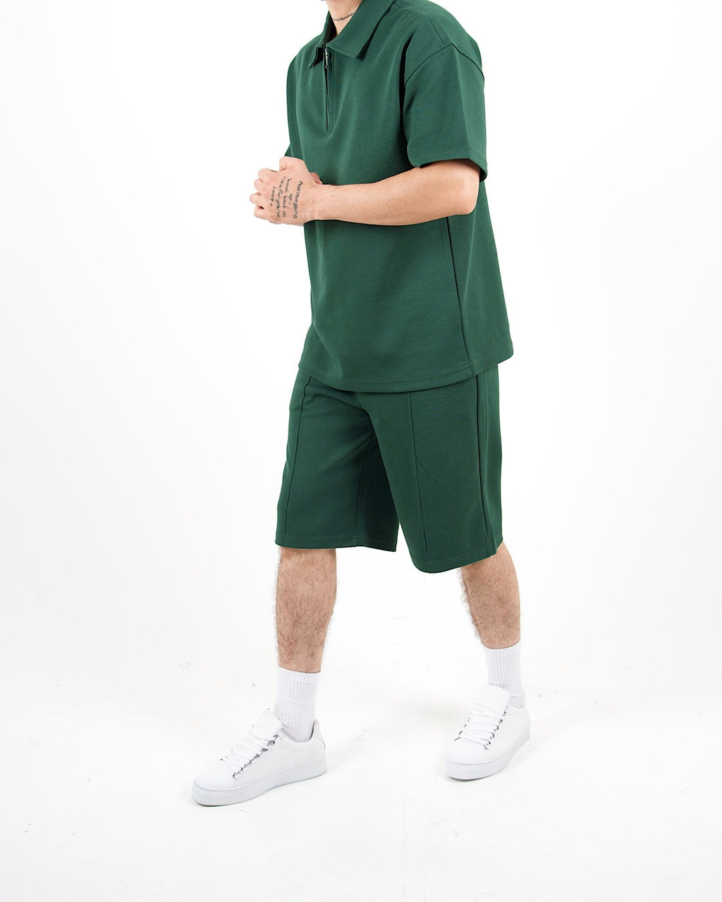 Oversized Zip Neck Green Polo And Shorts Set