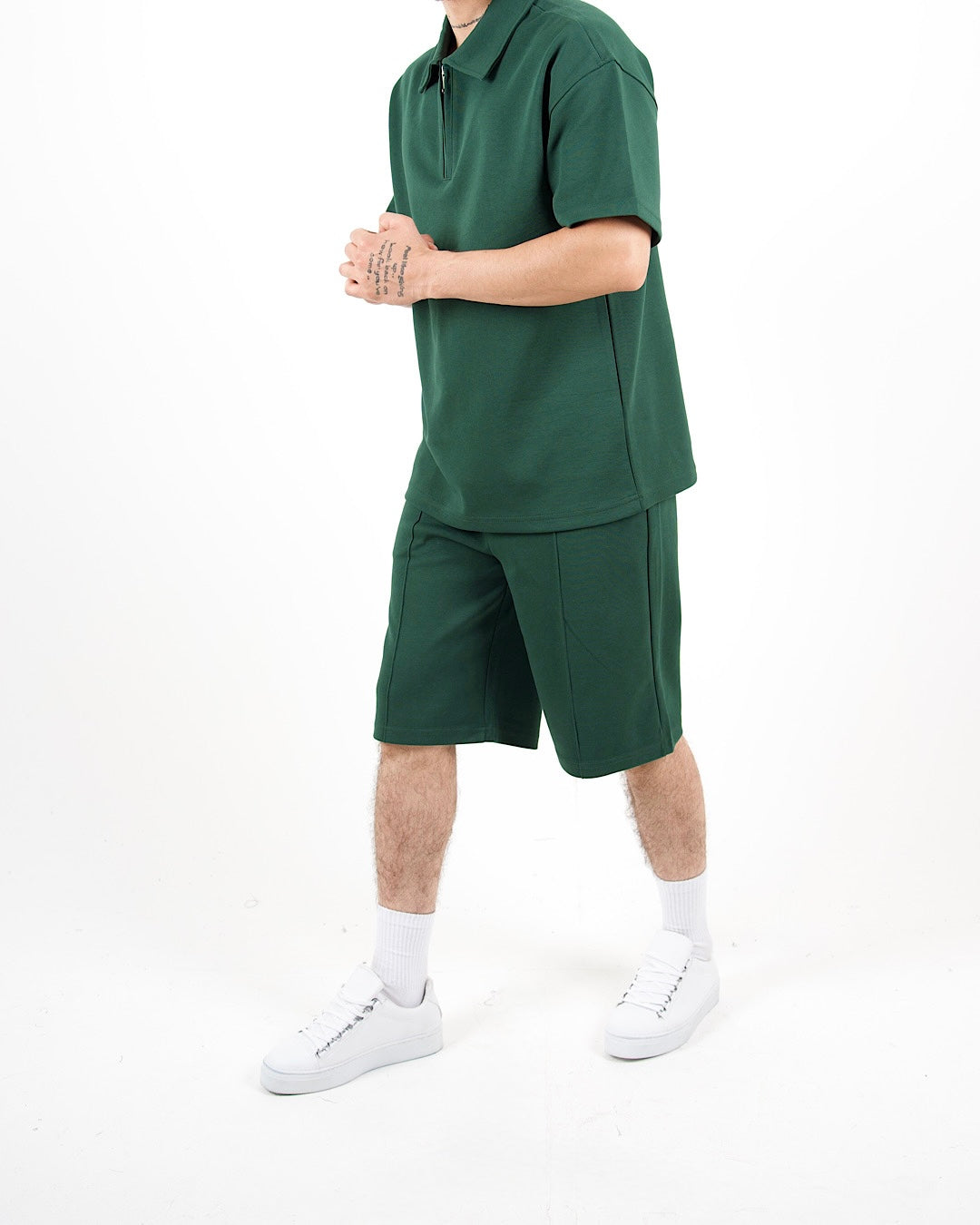 Oversized Zip Neck Green Polo And Shorts Set