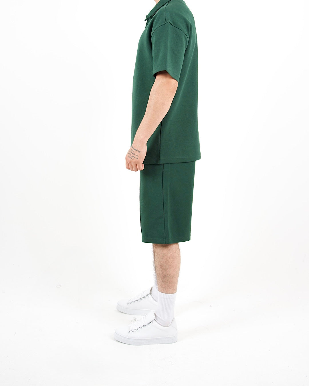 Oversized Zip Neck Green Polo And Shorts Set