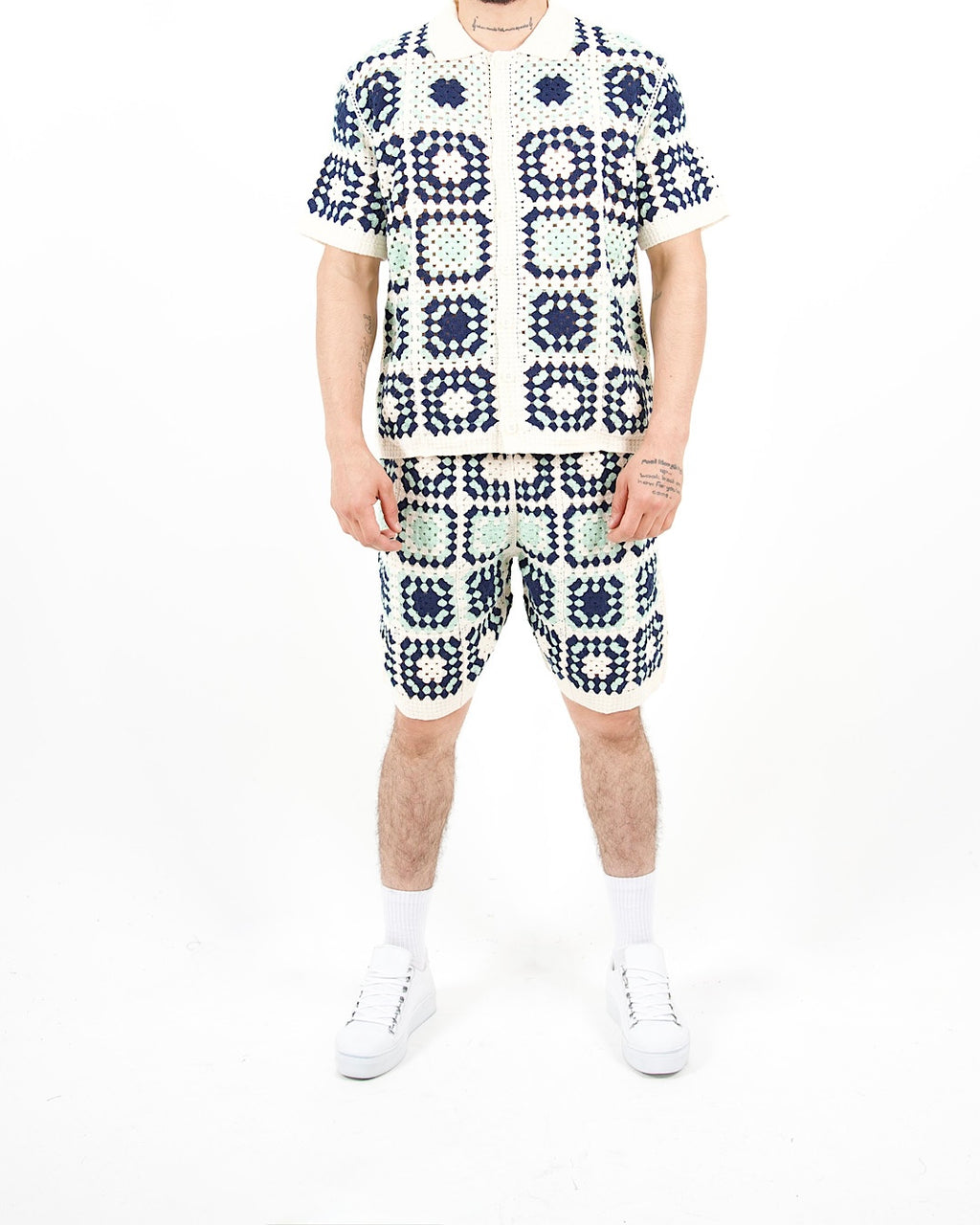 Square Crochet Knit Blue Polo And Short Set