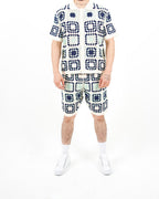 Square Crochet Knit Blue Polo And Short Set