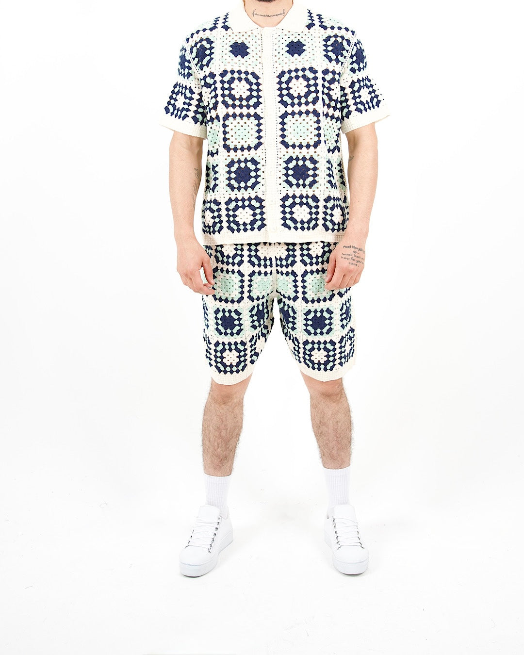 Square Crochet Knit Blue Polo And Short Set